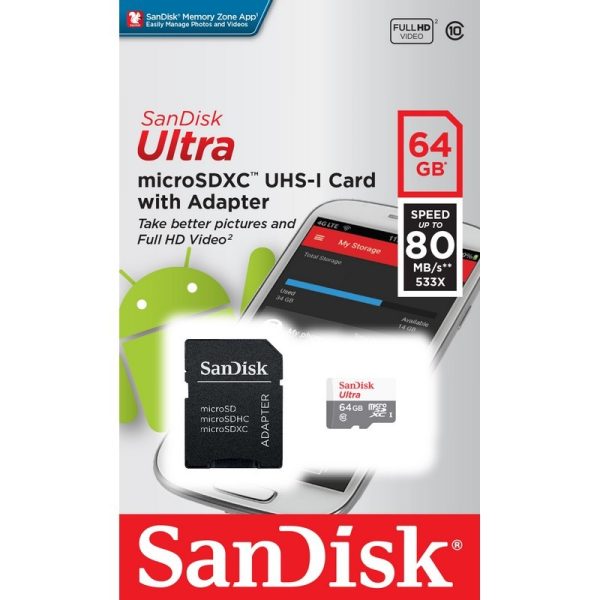 SanDisk MicroSD 64GB Ultra UHS-I + Adaptador de classe 10 - Image 2